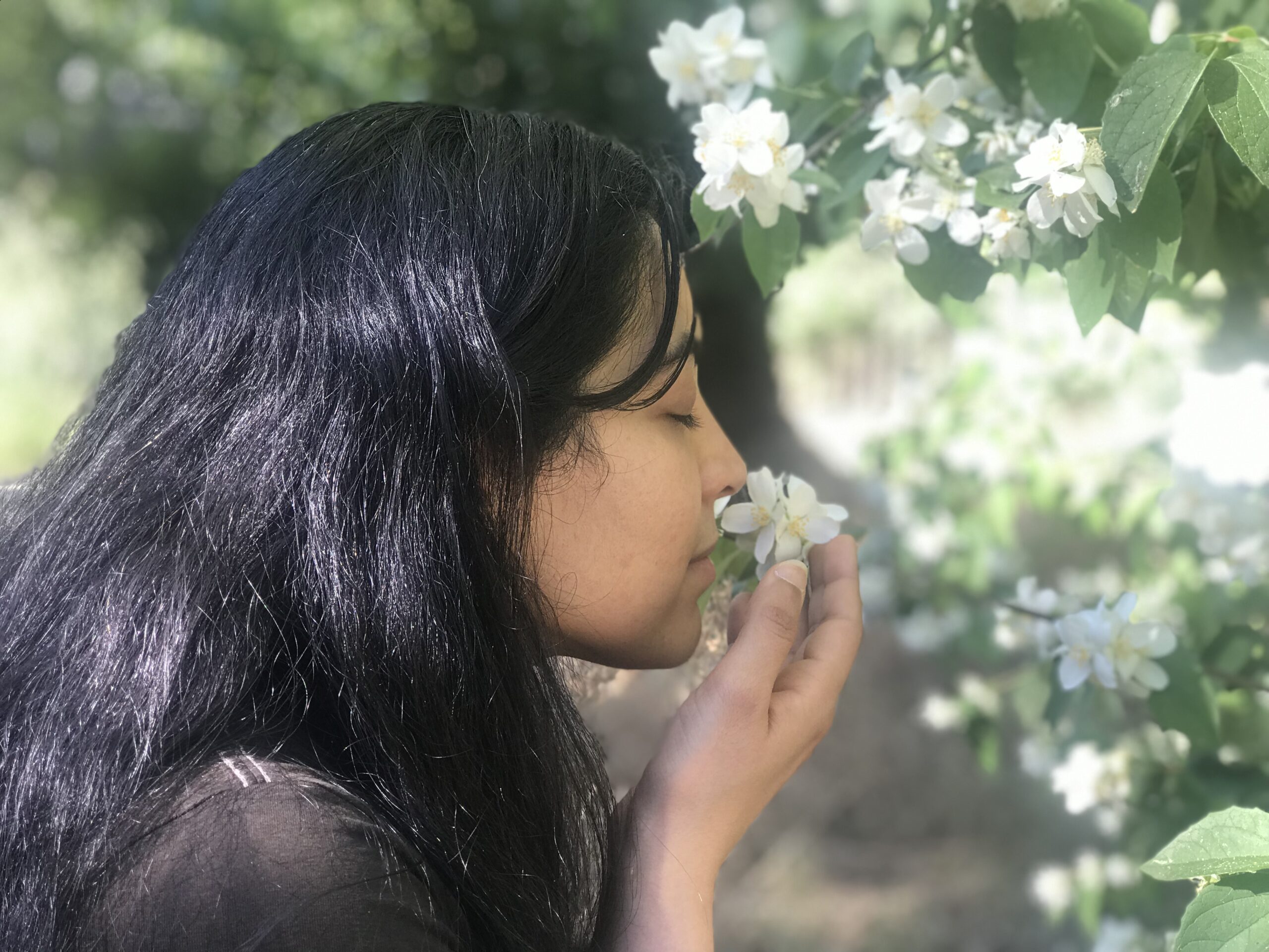 Juhi smelling flower